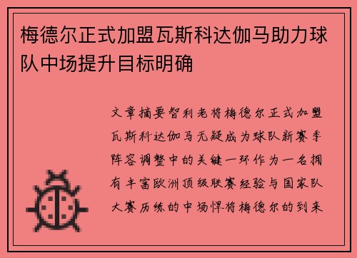梅德尔正式加盟瓦斯科达伽马助力球队中场提升目标明确